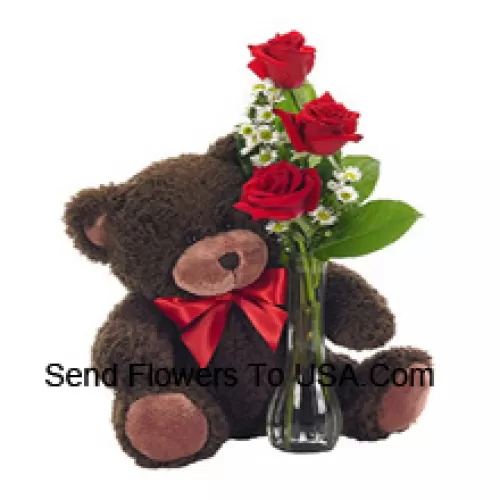3 Rose Rosse con alcune Felci in un Vaso di Vetro insieme a un Adorabile Orsacchiotto di 14 Pollici