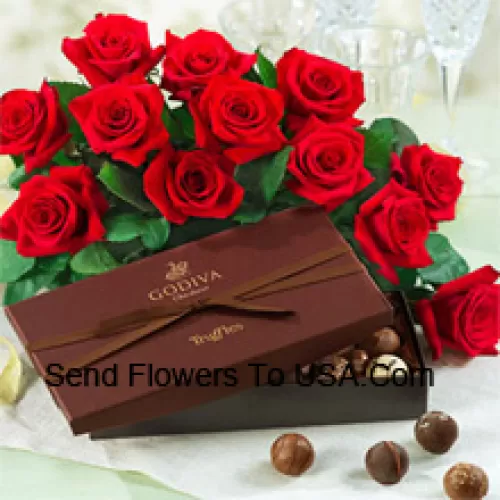 Un hermoso ramo de 12 rosas rojas con relleno de temporada acompañado de una caja de chocolates importados