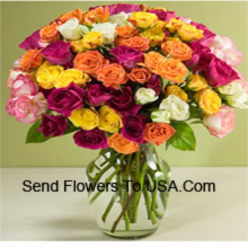 75 Mixed Colored Roses With Some Ferns In A Glass Vase