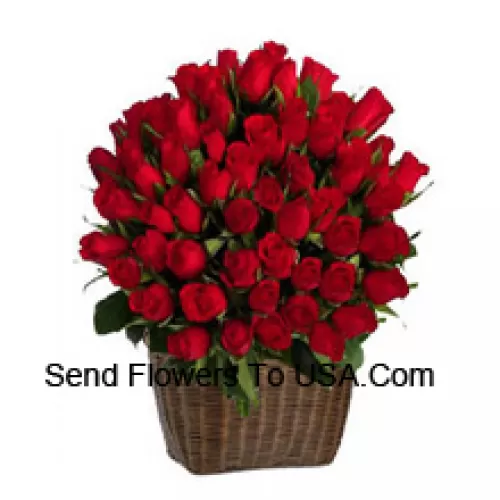 A Tall Basket Of 75 Red Roses With Seasonal Fillers