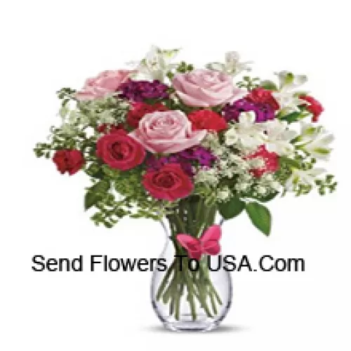 Red Roses, Pink Roses, Red Carnations And Other Assorted Flowers With Fillers In A Glass Vase -- 24 Stems And Fillers