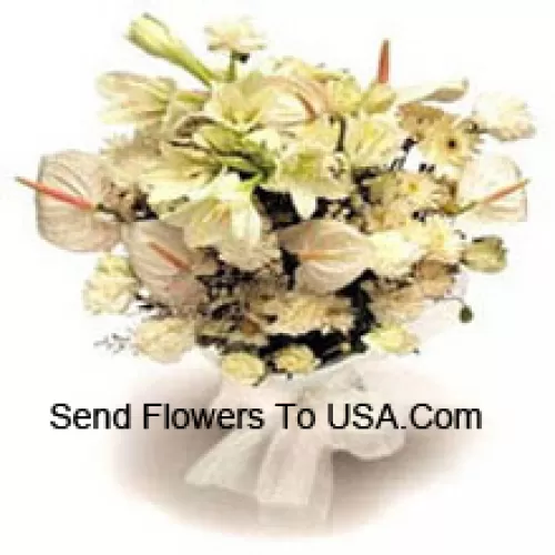 Bunch Of White Lilies, White Anthuriums, White Carnations And White Roses With Seasonal Fillers