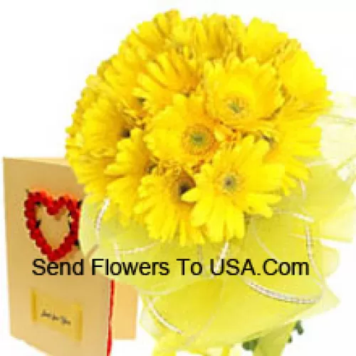 Bunch Of 18 Yellow Gerberas With A Free Love Greeting Card