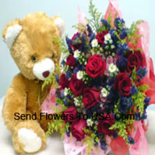 Bündel von 12 roten Rosen mit Füllstoffen und einem mittelgroßen niedlichen Teddybär