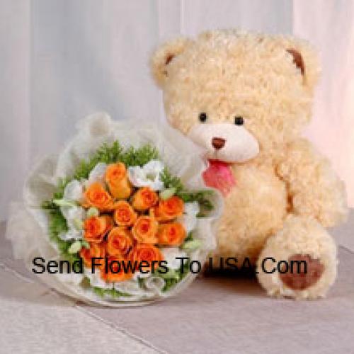 12 Orange Roses mit niedlichem Teddybär