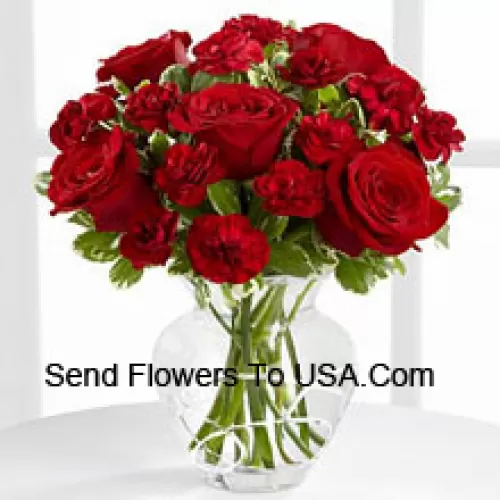 9 Red Roses And 9 Red Carnations In A Glass Vase