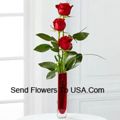 Drei rote Rosen in einer roten Reagenzglasvase (Wir behalten uns das Recht vor, die Vase bei Nichtverfügbarkeit zu ersetzen. Begrenzte Stückzahl)